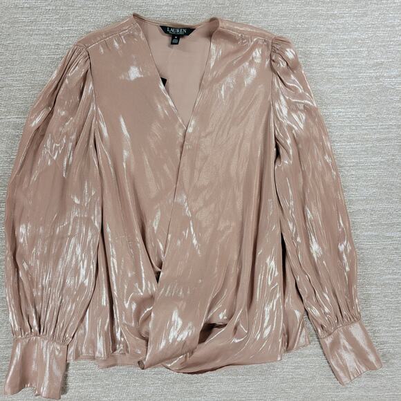 Lauren Ralph Lauren Metallic Blouse Womens M Liquid Pink Surplice Faux Wrap New - Picture 13 of 15